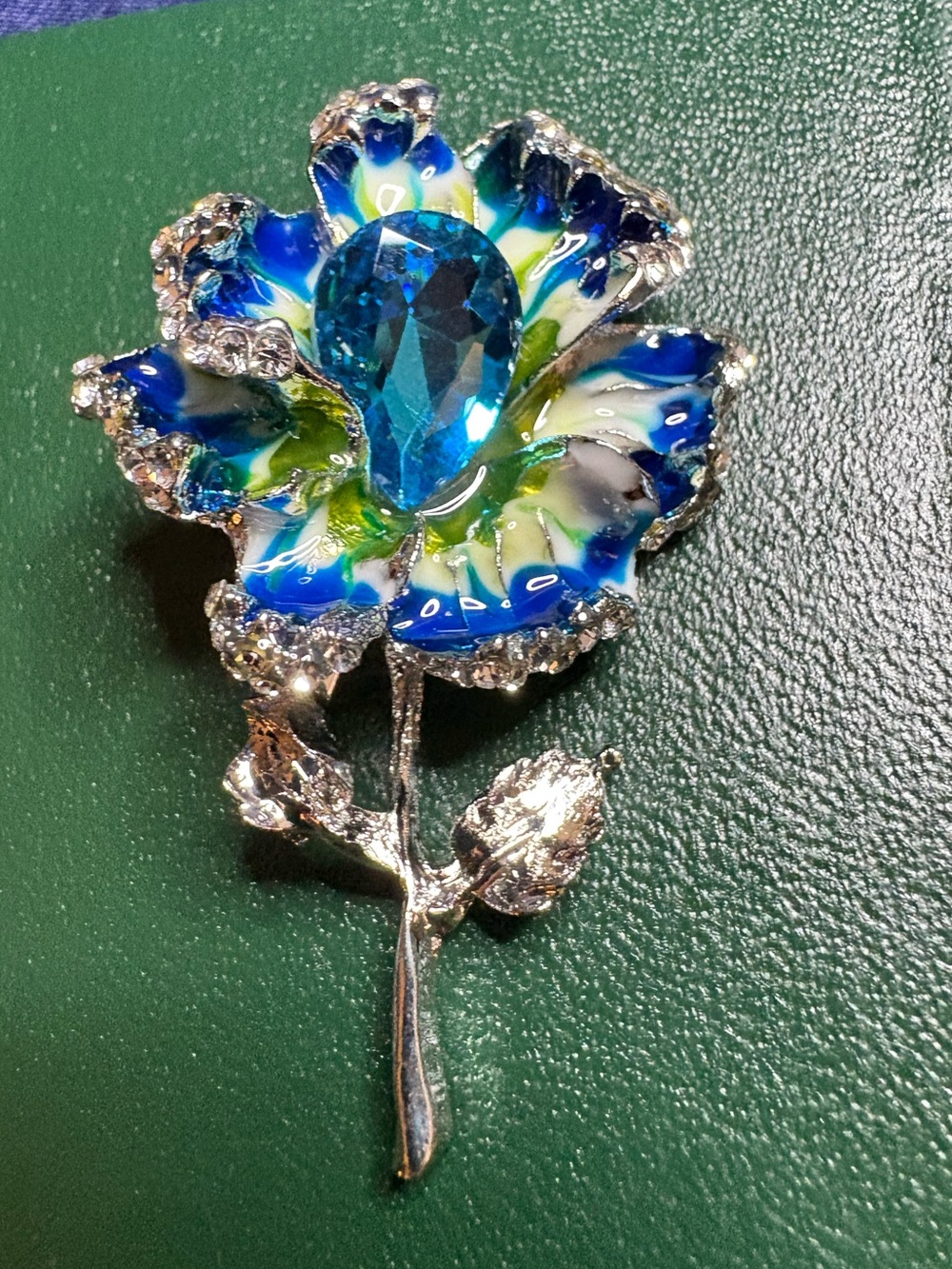 Brooch Blue Floral Crystal & Enamel Silver Pin